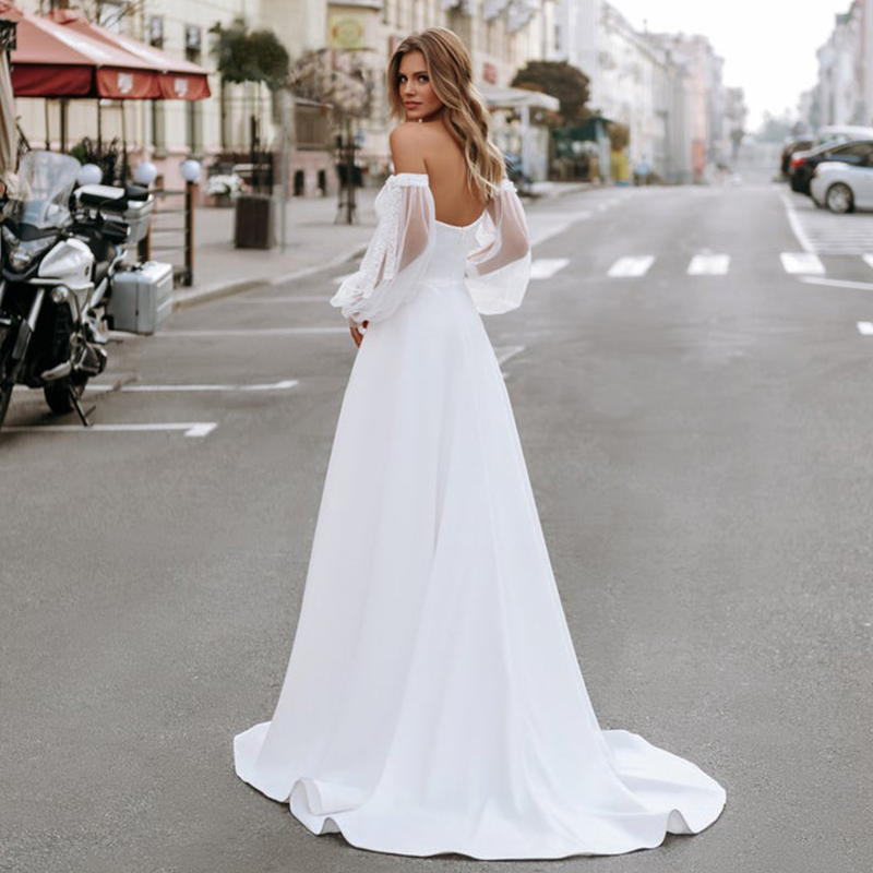 Charming Satin Wedding Dresses For Mariages Poet Strapless A-Line Classic Long Sleeve Backless Sweep Train Zipper