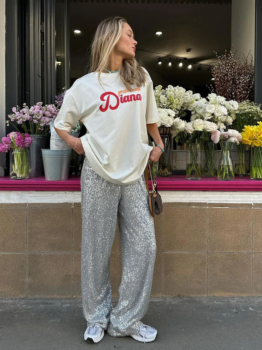 Women's Pants Capris Sumuyoo Elegant Silk Sequins Women Pants Midi Waist Loose Long Pants Streetwear Classic Trousers Fashion Female Clothing 231