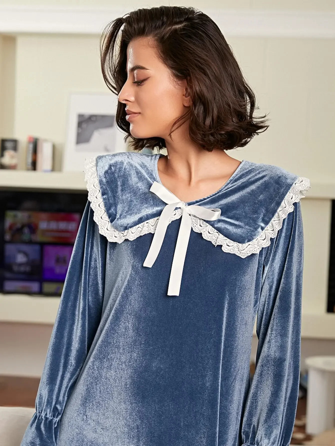 Womens Sleepwear Peter Pan Collar Velvet Women Nightgown Long Sleeves Front Lace Tie Sleepwear Solid Ruffle Female Nightwear Winter Fall Homewear 2312