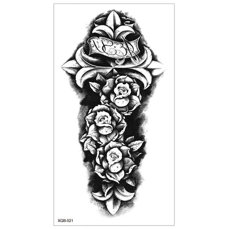 Black New Full Arm Tattoo Sticker Waterproof and Durable Half Skull English Letter Watanabe Flower