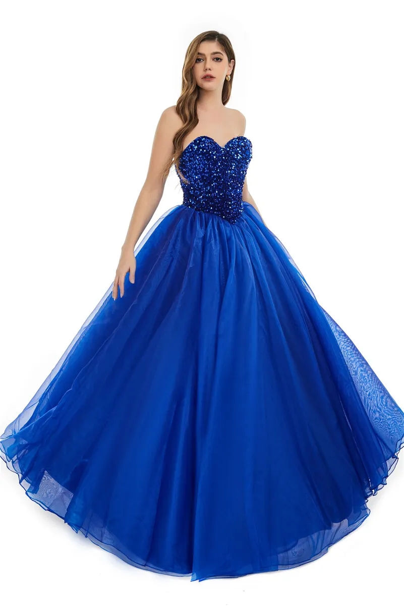 Royal Blue A Line Prom Party Dress 2024 New Sequins Beads Sweetheart Corset Back Evening Quinceanera Gowns With Detachable Sleeves Robe De Soiree