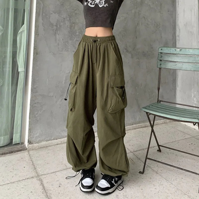 Women's Pants Capris Y2K Cargo Pants Straight Wide Leg Drawstring Trousers Women Oversize Jogger Kpop High Waisted Breathable Solid Color Sweatpa
