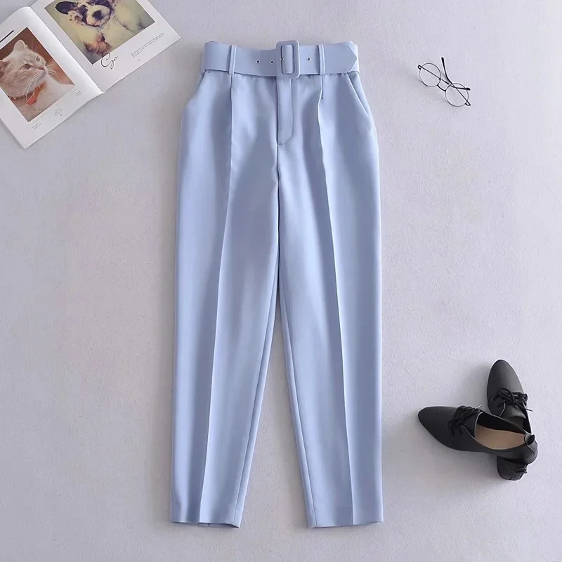 Women's Two Piece Pants Slim Fitting Waistband Straight Leg Pants with Belt High Waisted Casual Pants Women Yellow Cropped Pants Chic Soild Pants