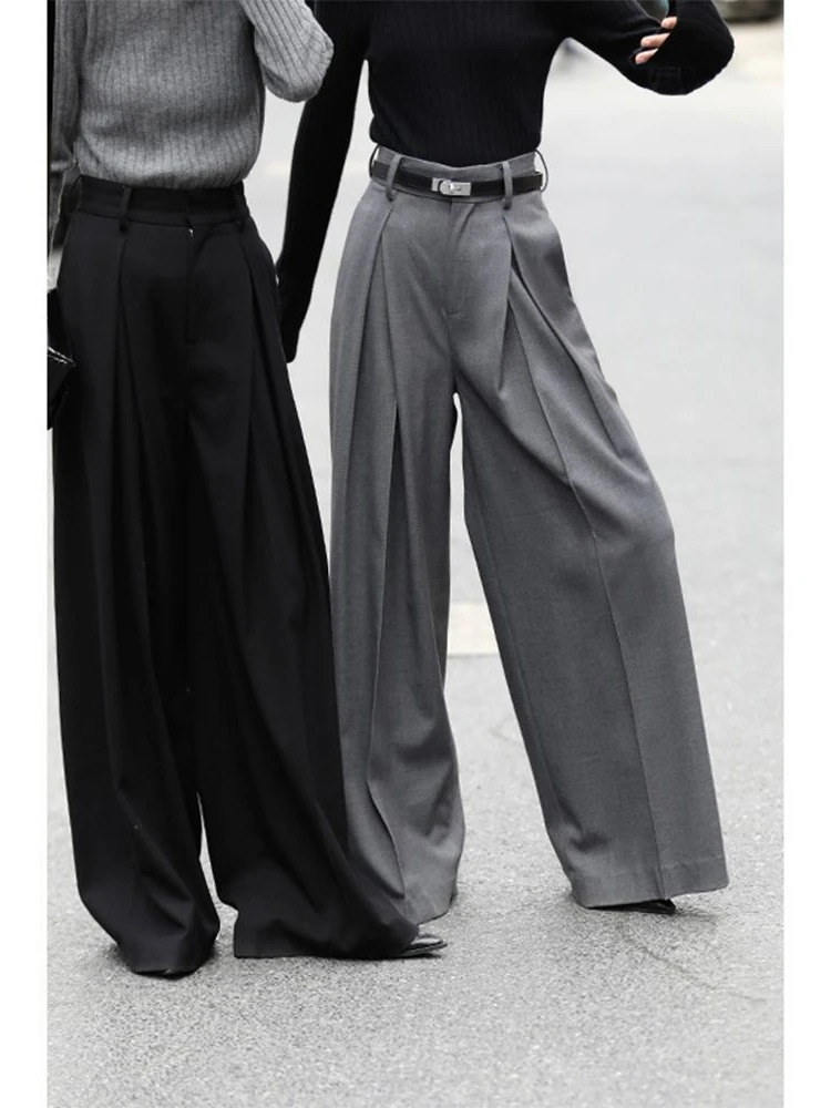 Women's Pants Capris Wide Leg Suit Pants Old Money Style Korean Fashion Baggy Pleated Trousers Female Office Wear Elegant Gray Pants