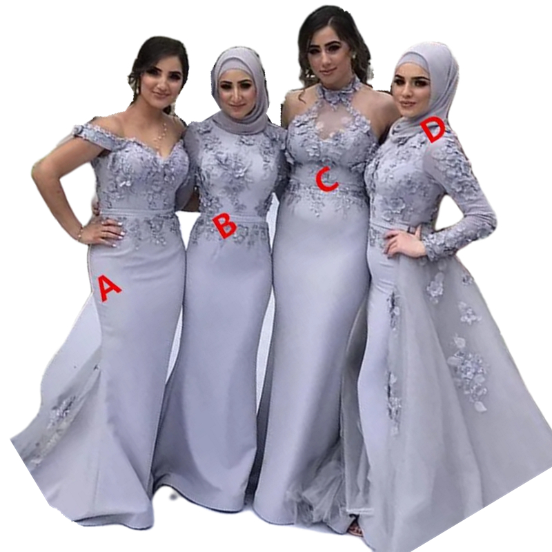 Elegant Long Sleeves Mermaid Bridesmaid Dresses With Detachable Skirt 3D Flower Appliques Long Wedding Guest Formal Party Gowns High Neck Muslim Eveni