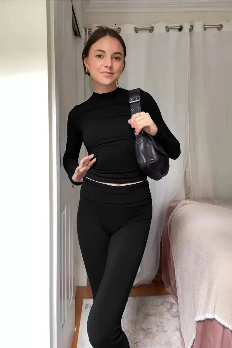 Women's Two Piece Pants Women Casual Slim Fit 2 Piece Set Solid Long Sleeve Cotton Lounge Set High Waist Pants Tops Matching Suit Vintage Y2K Out