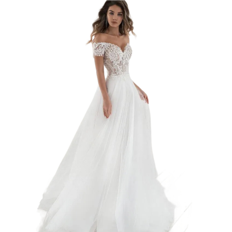 2024 Long Beach Wedding Dress Off The Shoulder A Line Tulle Bridal Gowns With Short Sleeve Lace Top Ivory Bohemian Bride Dresses Robe De Mariee