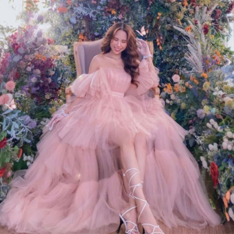 Pink Light Low Prom Dress Elegant Off the Shoulder Tiered Pleat Layered Tulle Evening Birthday Gowns Homecoming Wear Saudi Arabia Robe De Soiree