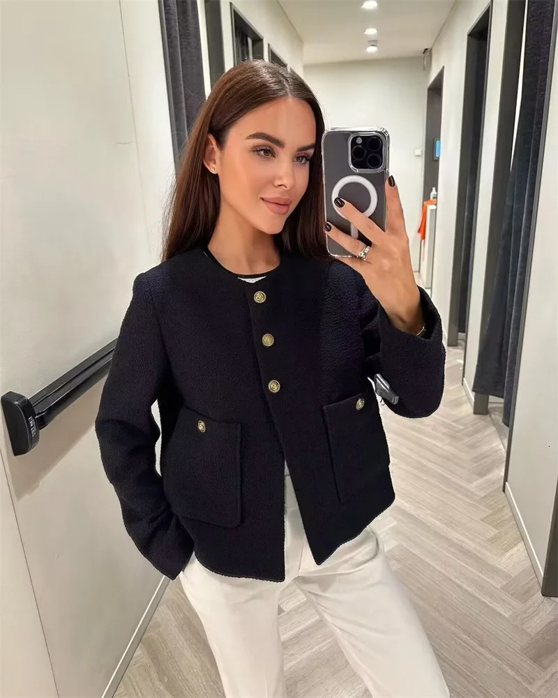 Womens Suits Blazers KEYANKETIAN Autumn Tweed Texture Blazer Office Lady Elegant ONeck Single Breasted Crop Top Jaqueta Feminina Mujer 231213