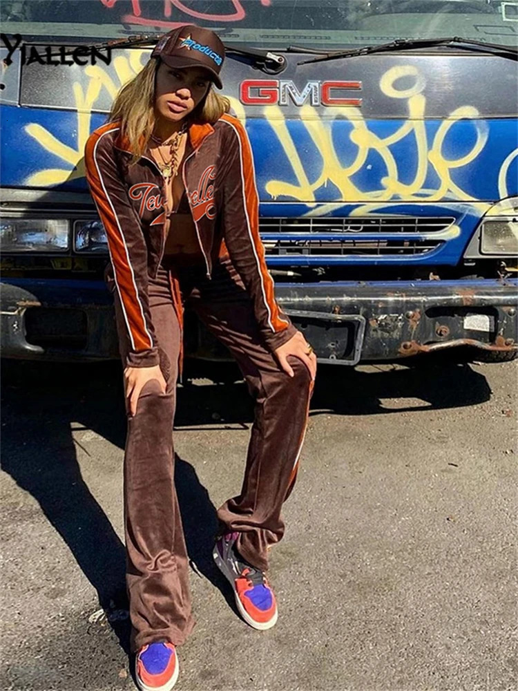 Women's Two Piece Pants Yiallen Autumn Leisure SportsLetter Tops Coat Pants 2 Two Pieces Sets For Women Striped Stitching Comfortable Activitywea