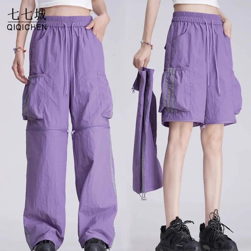 Women's Pants Capris Summer Pants Women Removable Shorts Reflective Strips Quick Drying Pants Hip Hop Straight Wide Leg Trousers Female Streetwea
