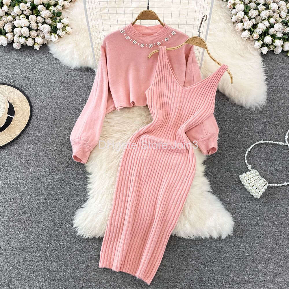 New Summer Two Piece Dress Sweater Set Casual Pullovers Suits Slip Dress For Women Slim Solid Autumn Winter Knitted Long Sleeve Elegance Elastic Sweet