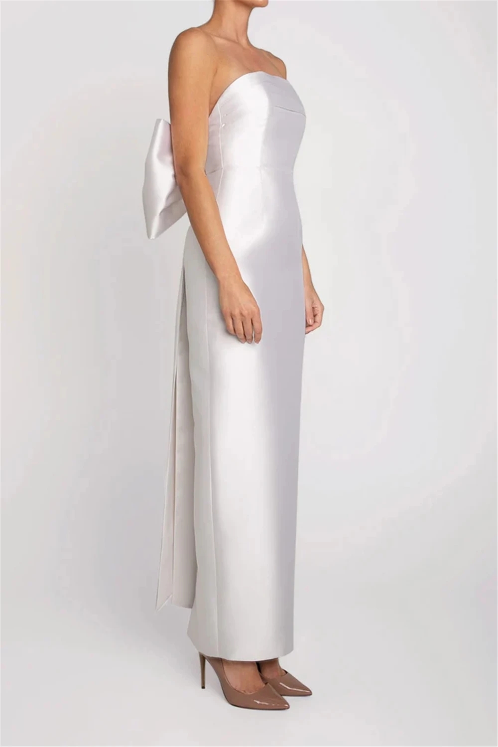 2025 Elegant White Prom Dress Long Big Bow Backless Strapless Simple Satin Pageant Evening Dresses Formal Gowns Robe De Soiree
