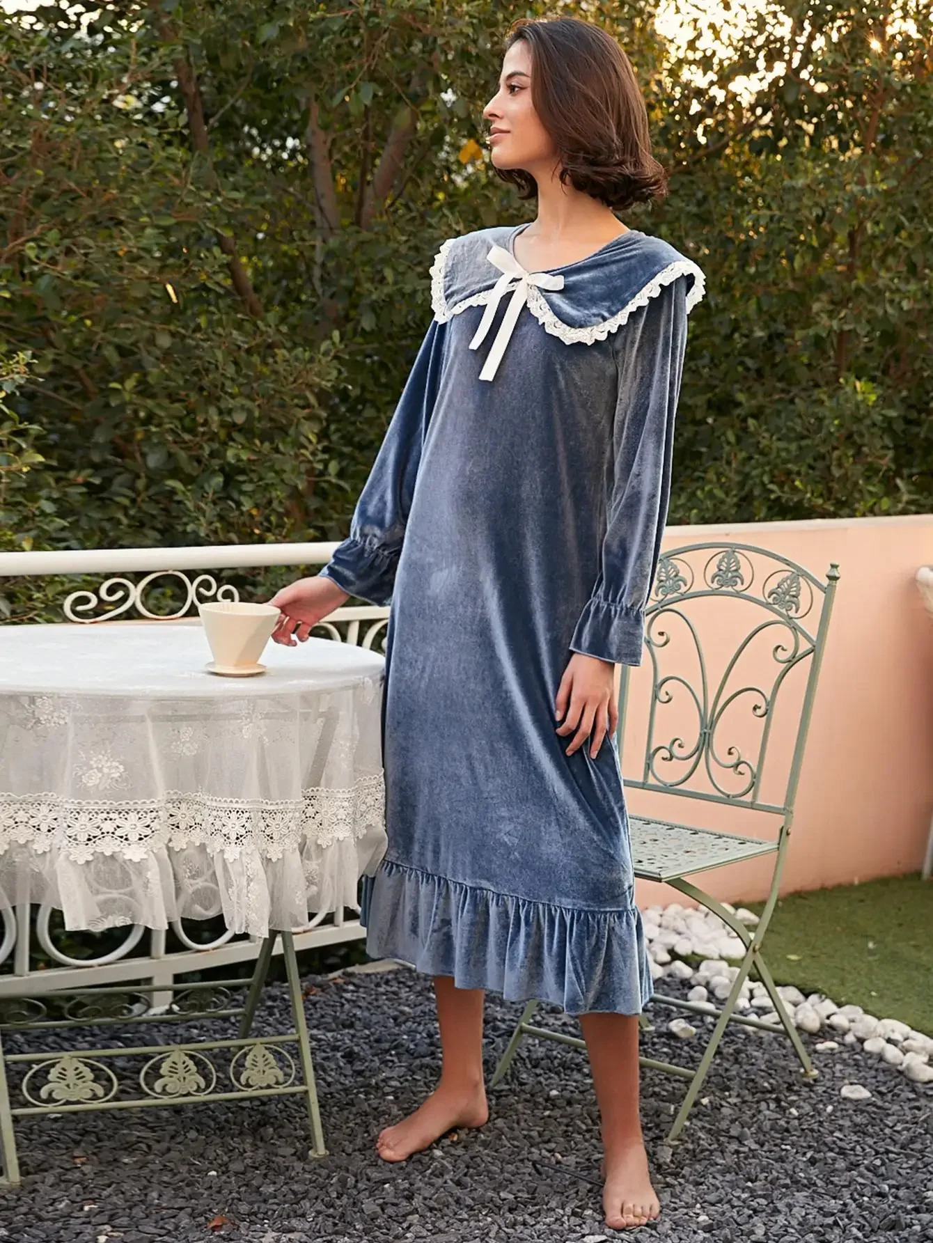 Womens Sleepwear Peter Pan Collar Velvet Women Nightgown Long Sleeves Front Lace Tie Sleepwear Solid Ruffle Female Nightwear Winter Fall Homewear 2312