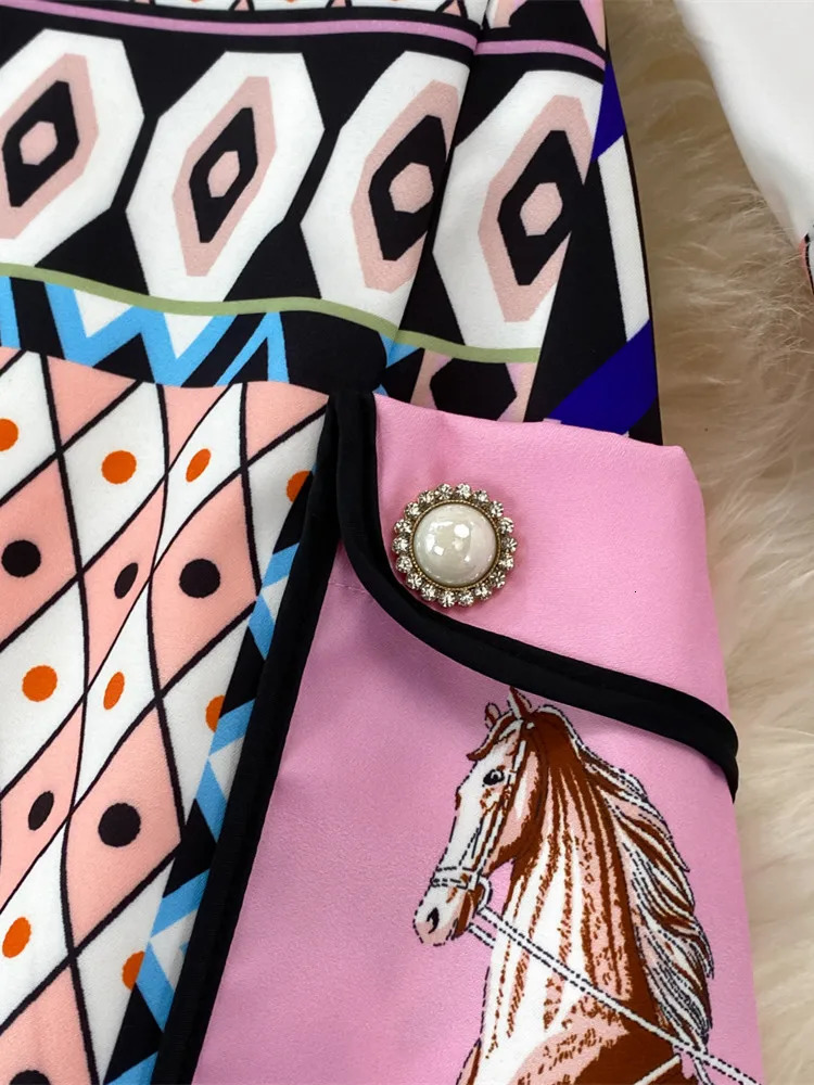 Two Piece Dress Fashion Runway Summer Skirt Suit Women's Horse Geometry Print Blouse And A Line Pocket Buttons Skirt 2 Two Piece Set 231213