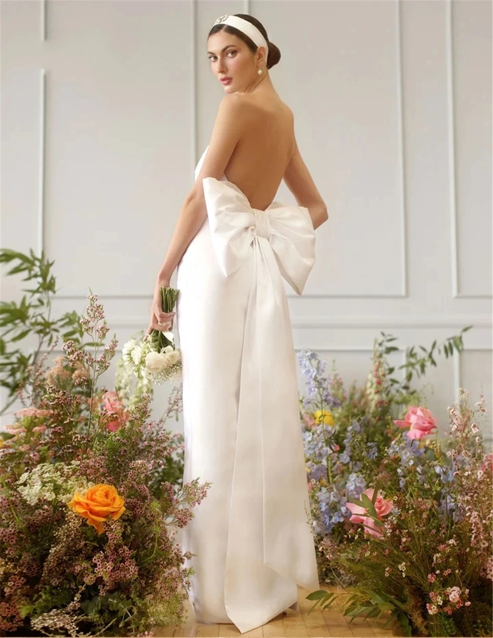 2025 Elegant White Prom Dress Long Big Bow Backless Strapless Simple Satin Pageant Evening Dresses Formal Gowns Robe De Soiree
