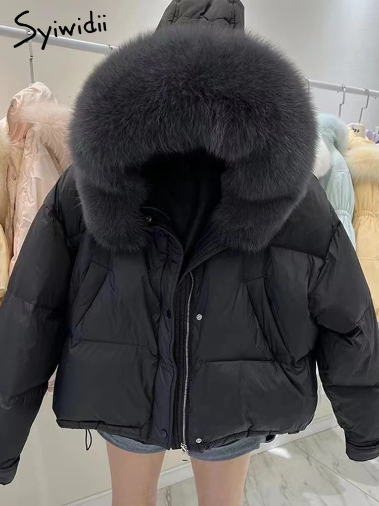 Women's Down Parkas Syiwidii Winter 90 Duck Down Coats for Women Hooded Big Fur Collar Windproof Outerwear Loose Thicken Warm Fashion Puffer Jack