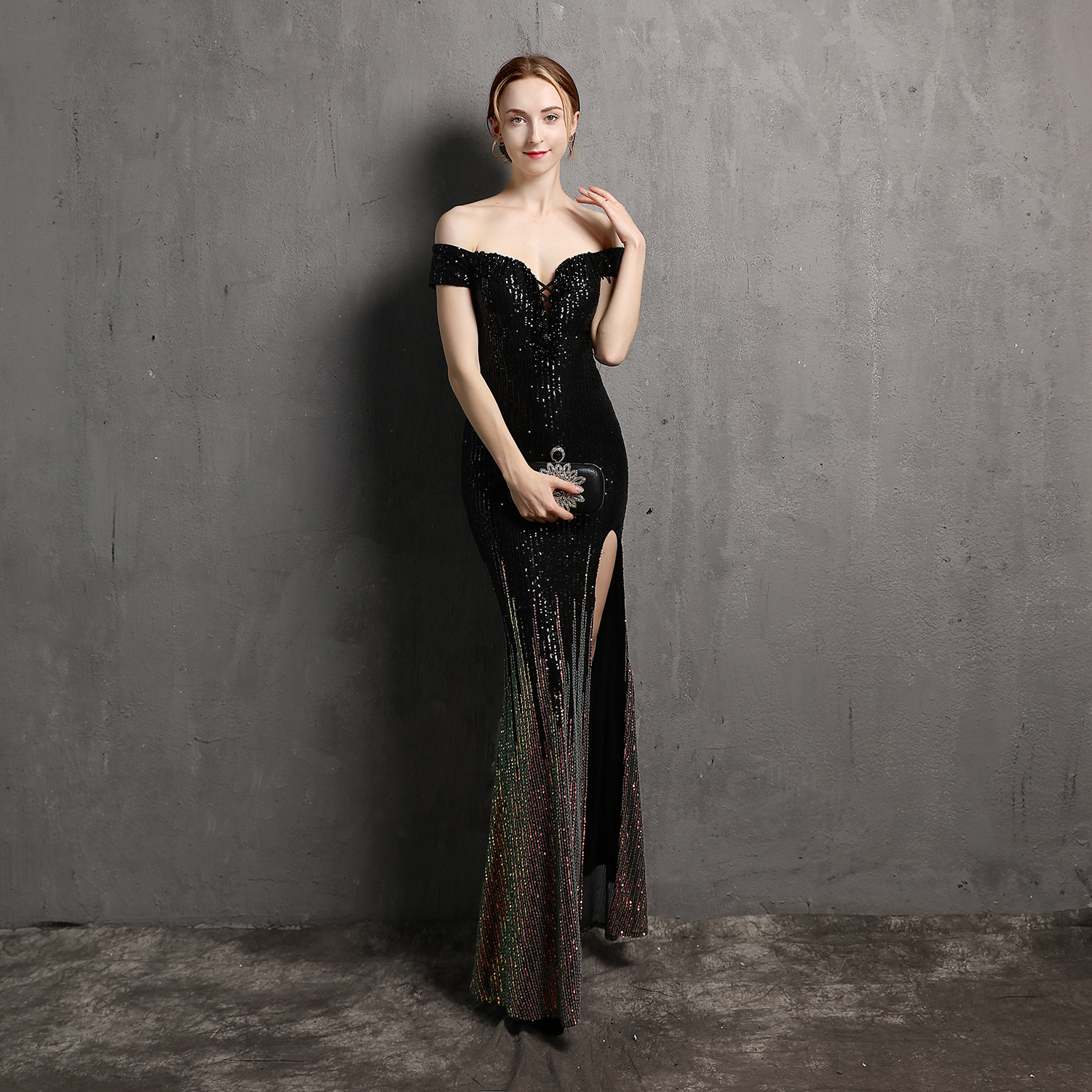 Evening Dresses Wear Sequin Mermaid off Shoulder Illusion Side Split Floor Length Party Dress Prom Gowns Abendkleider