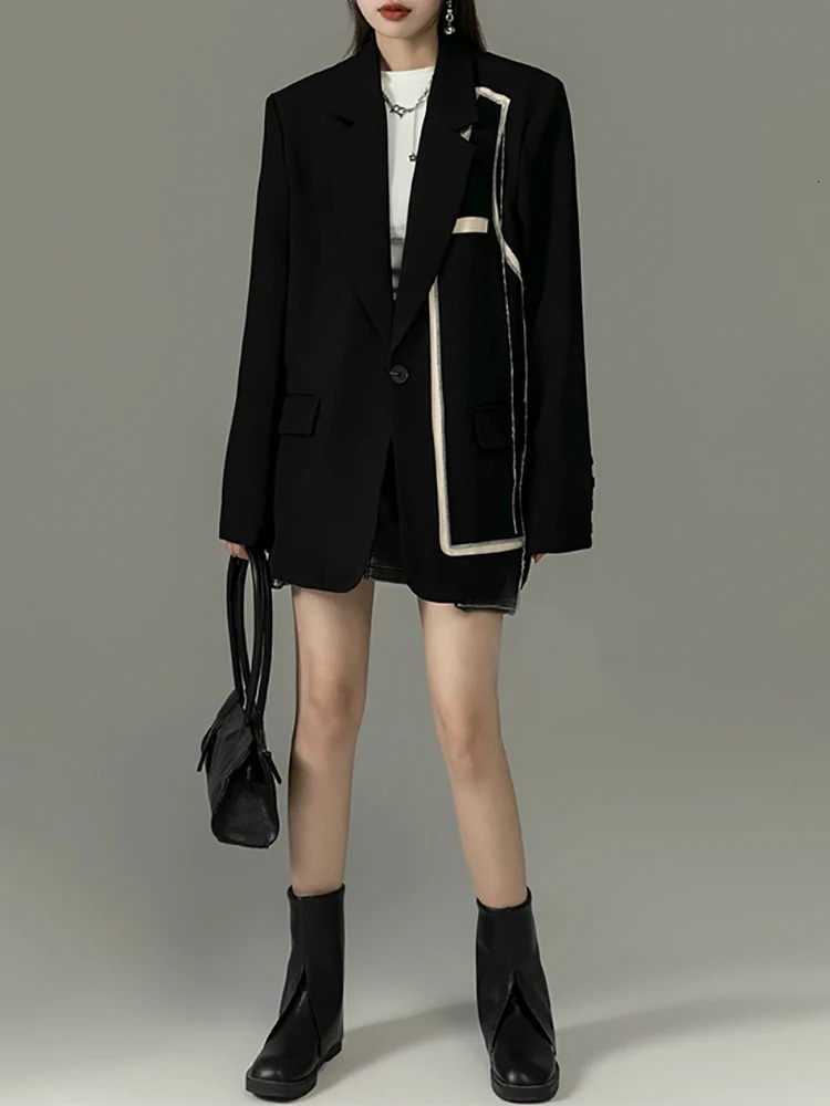 Womens Suits Blazers EAM Women Black Big Size Irregular Burr Blazer Lapel Long Sleeve Loose Jacket Fashion Spring Autumn 1DH2336 231212