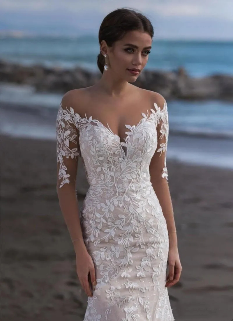 Beach Long Sleeves Lace Wedding Dress Court Train Illusion Back Sexy Long Bohemian Bridal Gowns vestido de novia Gorgeous Ivory And Nude Bohemian Robe