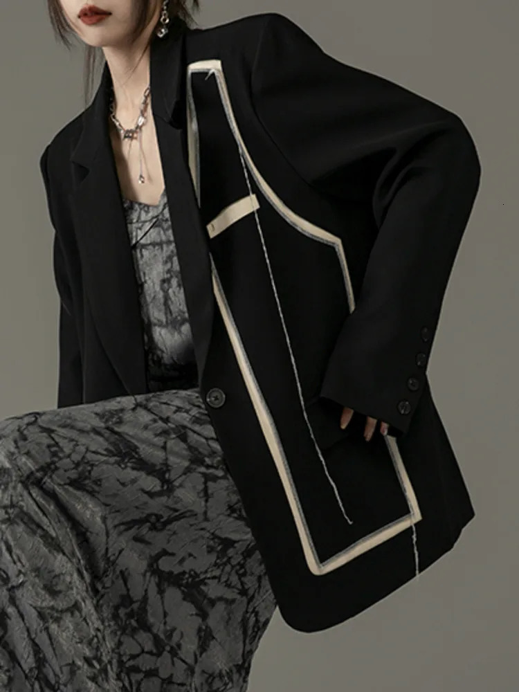 Womens Suits Blazers EAM Women Black Big Size Irregular Burr Blazer Lapel Long Sleeve Loose Jacket Fashion Spring Autumn 1DH2336 231212