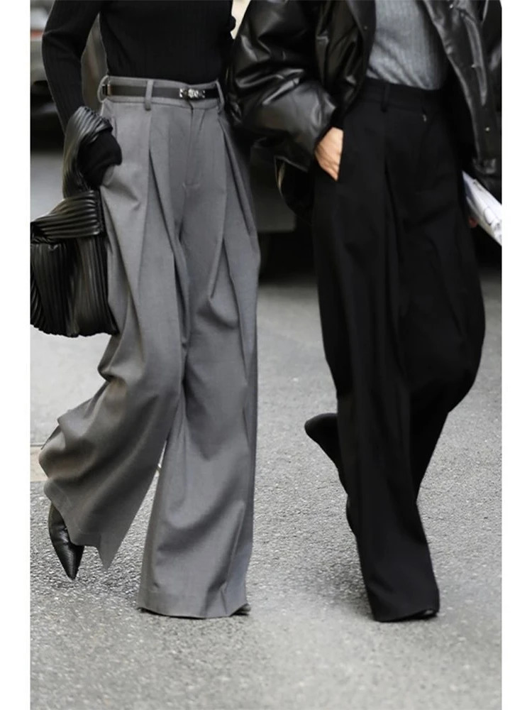 Women's Pants Capris Wide Leg Suit Pants Old Money Style Korean Fashion Baggy Pleated Trousers Female Office Wear Elegant Gray Pants