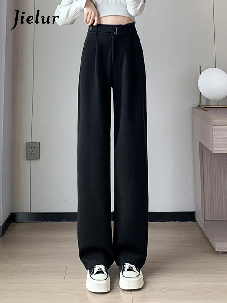 Women's Pants Capris Jielur Winter Thick Loose Casual Female Wide Leg Pants Pure Color Chic Buttons Straight Slim Fashion Women Pants Black Apric