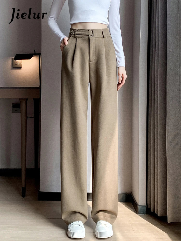 Women's Pants Capris Jielur Winter Thick Loose Casual Female Wide Leg Pants Pure Color Chic Buttons Straight Slim Fashion Women Pants Black Apric