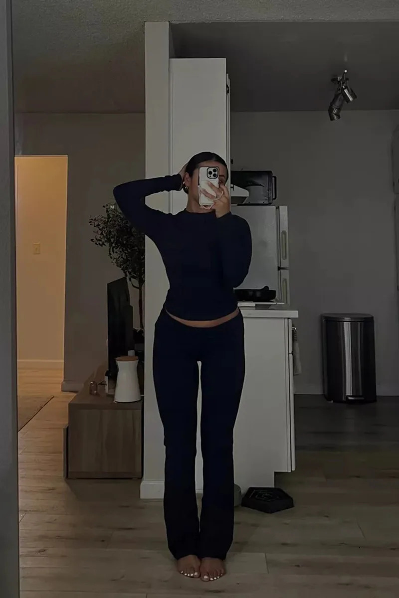 Women's Two Piece Pants Women Casual Slim Fit 2 Piece Set Solid Long Sleeve Cotton Lounge Set High Waist Pants Tops Matching Suit Vintage Y2K Out