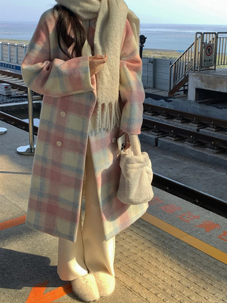 Women's Wool Blends Winter Rainbow Woollen Overcoat Women Casual Plaid Long Coats Office Lady Y2k Clothing Korean Fashion Trench Coats Jacket 231
