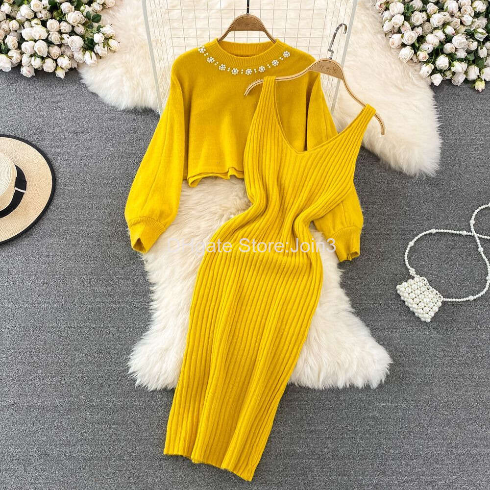 New Summer Two Piece Dress Sweater Set Casual Pullovers Suits Slip Dress For Women Slim Solid Autumn Winter Knitted Long Sleeve Elegance Elastic Sweet