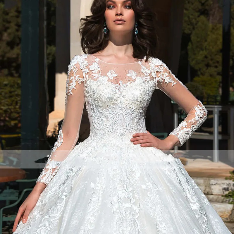 Elegant White Crewneck Tulle Long Sleeve Decal Beaded Bridal Maxi Wedding Dress For Women Tail Gown Vestidos De Novia 0219