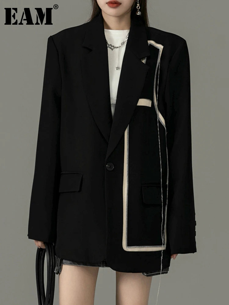Womens Suits Blazers EAM Women Black Big Size Irregular Burr Blazer Lapel Long Sleeve Loose Jacket Fashion Spring Autumn 1DH2336 231212
