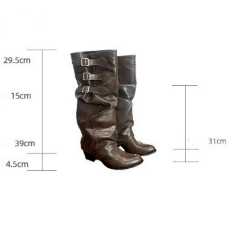 Boots Chunky Pleated Chelsea Knee High Women Mid Heels Shoes Winter Trend Gladiator Pumps Motorcycle Botas 231212