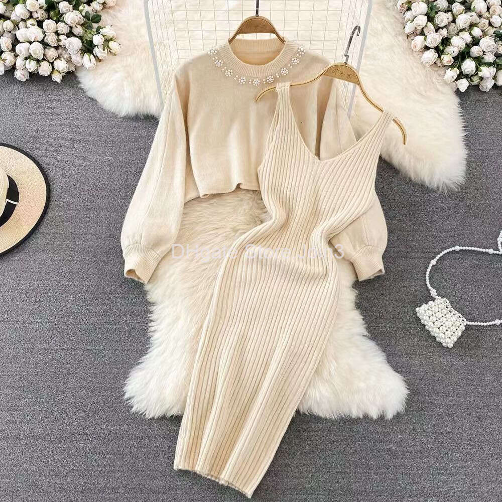 New Summer Two Piece Dress Sweater Set Casual Pullovers Suits Slip Dress For Women Slim Solid Autumn Winter Knitted Long Sleeve Elegance Elastic Sweet