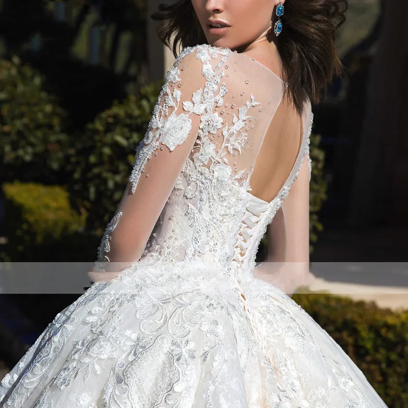 Elegant White Crewneck Tulle Long Sleeve Decal Beaded Bridal Maxi Wedding Dress For Women Tail Gown Vestidos De Novia 0219