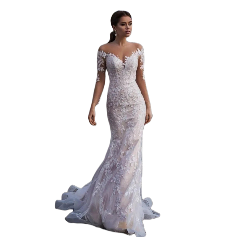Beach Long Sleeves Lace Wedding Dress Court Train Illusion Back Sexy Long Bohemian Bridal Gowns vestido de novia Gorgeous Ivory And Nude Bohemian Robe