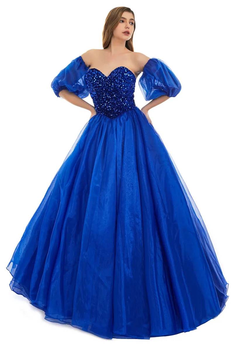 Royal Blue A Line Prom Party Dress 2024 New Sequins Beads Sweetheart Corset Back Evening Quinceanera Gowns With Detachable Sleeves Robe De Soiree