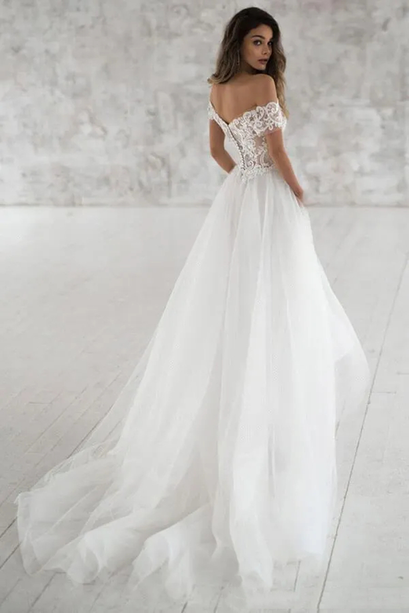 2024 Long Beach Wedding Dress Off The Shoulder A Line Tulle Bridal Gowns With Short Sleeve Lace Top Ivory Bohemian Bride Dresses Robe De Mariee