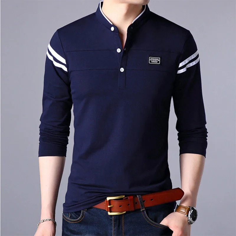 Men's Polos Fashion Men Long Sleeve Basic Polo Shirts Spring Autumn Striped Slim Tees Korean Male Clothes Business Casual Tops 231212