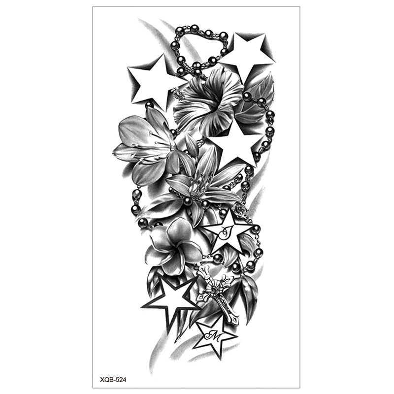 Black New Full Arm Tattoo Sticker Waterproof and Durable Half Skull English Letter Watanabe Flower