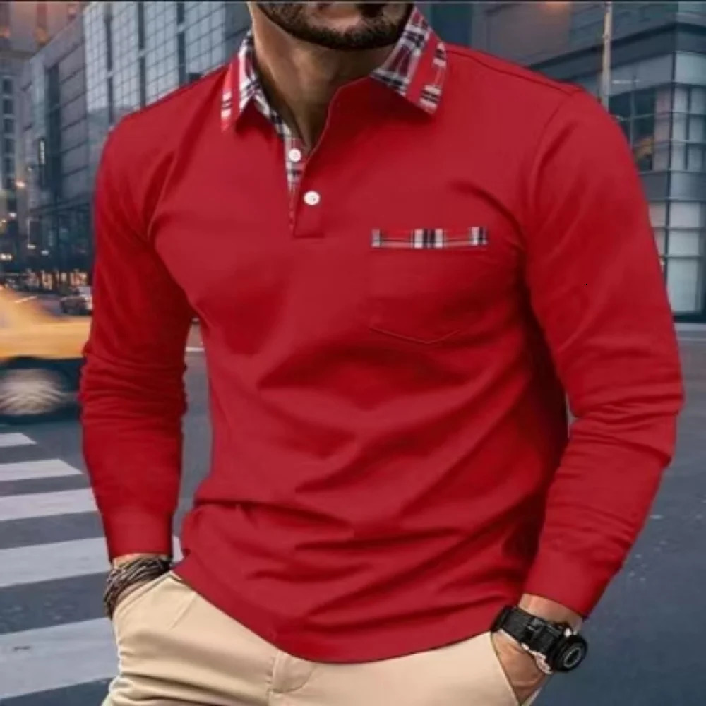Men's Polos SpringAutumn Men Long Seeved Polo Shirt Casual Sports Shirt Pure Color Red checked collar T-Shirt Fashion Breathable Men Cothing 2312