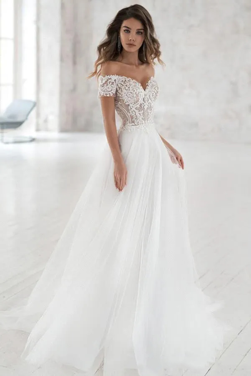 2024 Long Beach Wedding Dress Off The Shoulder A Line Tulle Bridal Gowns With Short Sleeve Lace Top Ivory Bohemian Bride Dresses Robe De Mariee