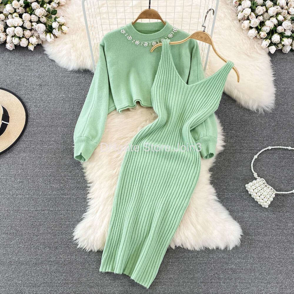 New Summer Two Piece Dress Sweater Set Casual Pullovers Suits Slip Dress For Women Slim Solid Autumn Winter Knitted Long Sleeve Elegance Elastic Sweet