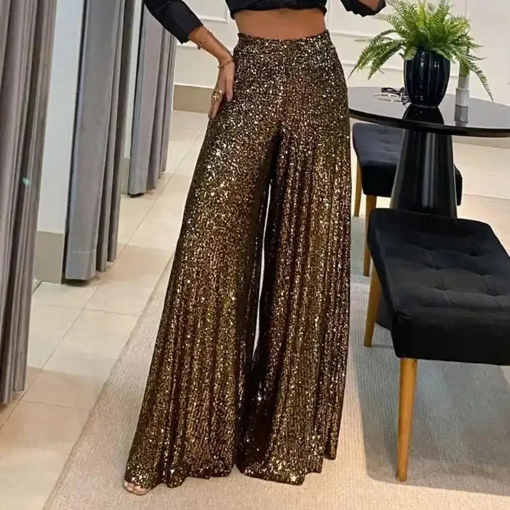 Women's Pants Capris High Waist Elastic Waistband Straight Full Length Women Pants Club Night Sequins Loose Wide Leg Pants 231213