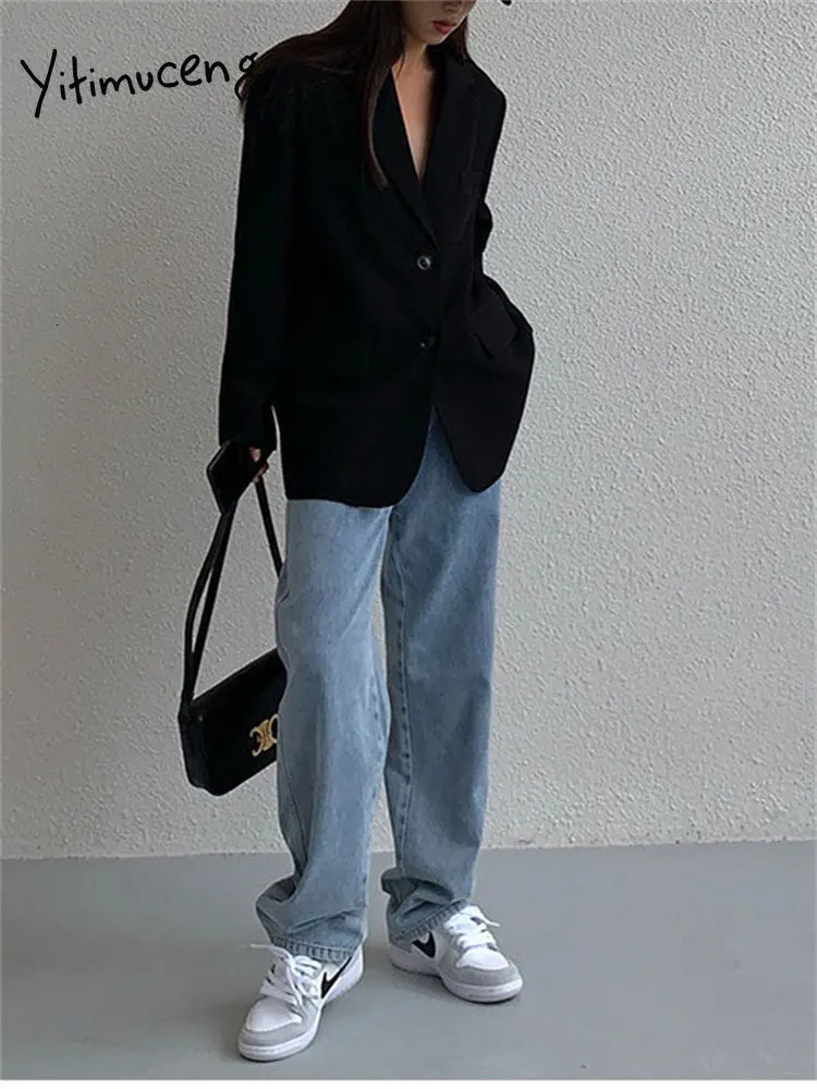 Womens Suits Blazers Yitimuceng Black Oversized for Women Korean Fashion Single Breasted Chic Coats Office Ladies Casual Jacket 231213