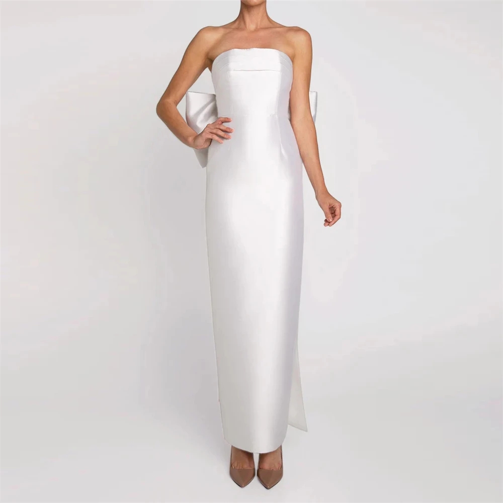 2025 Elegant White Prom Dress Long Big Bow Backless Strapless Simple Satin Pageant Evening Dresses Formal Gowns Robe De Soiree