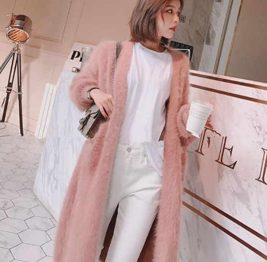 autumn winter women's angora rabbit cardigans long sweater looser pearl button pocket thick warm mink cashmere cardigans LJ201112