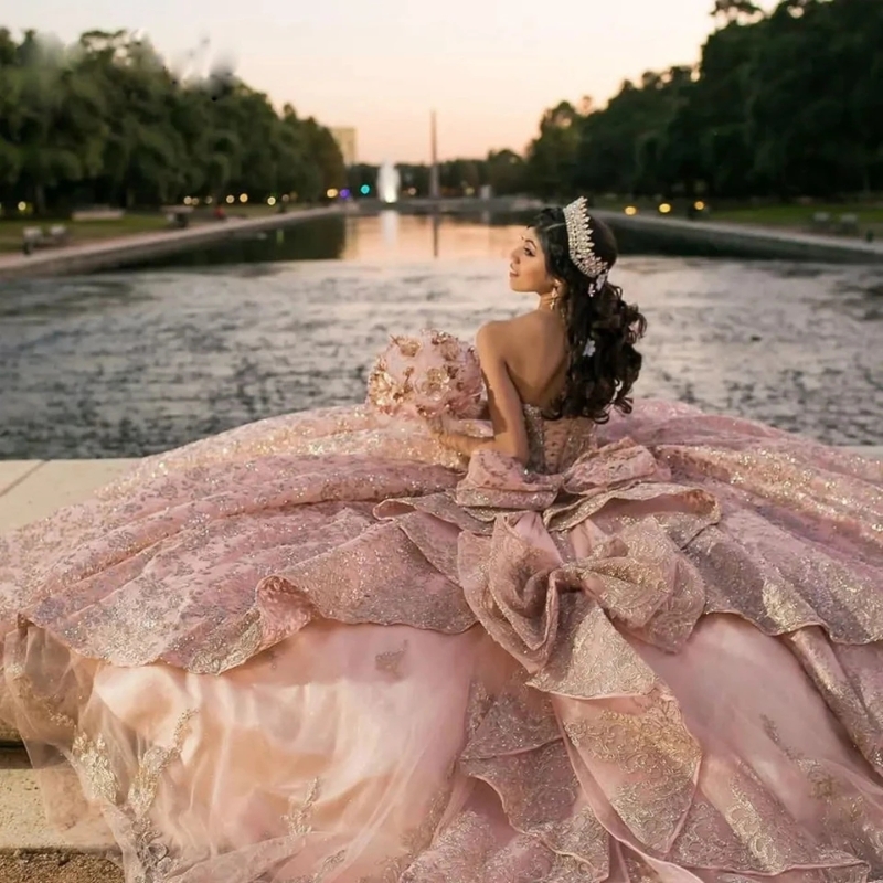 Pink Shiny Ball Gown Quinceanera Dress 2025 Tulle Appliques Lace Beads Bow Off Shoulder Sweet 15 16 Years Birthday Party Formal Dresses