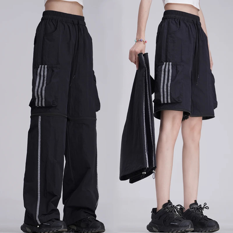 Women's Pants Capris Summer Pants Women Removable Shorts Reflective Strips Quick Drying Pants Hip Hop Straight Wide Leg Trousers Female Streetwea